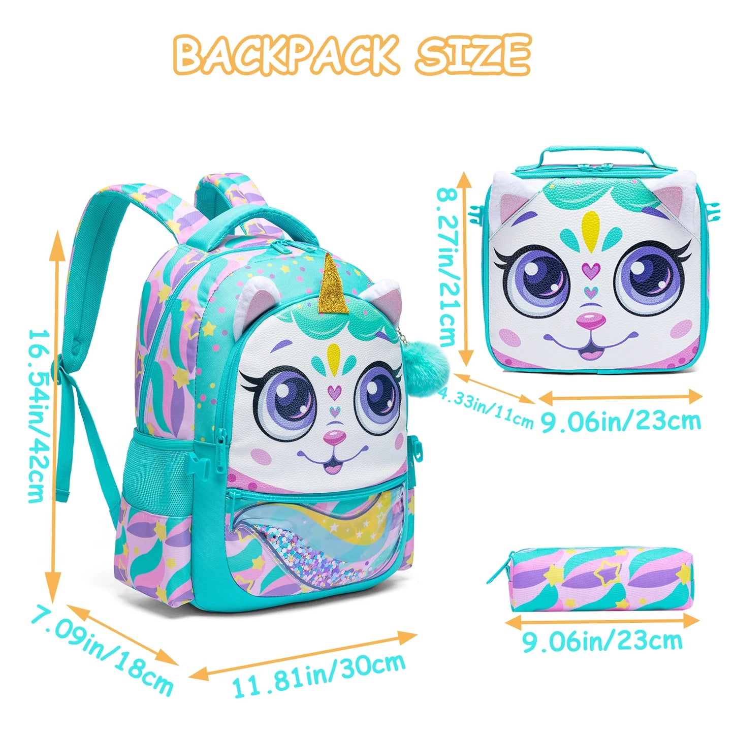 Cat Animal Face School Bag Set Insulated Lunch Bag Pencil Case.