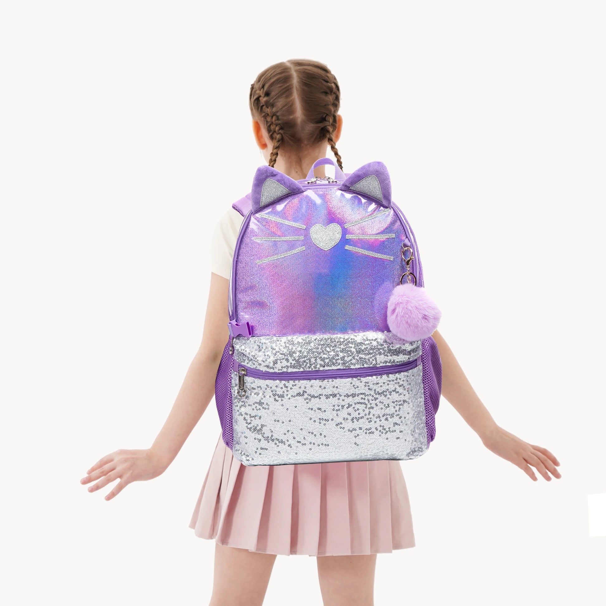 Metallic Glitter Purple Cat School Bag