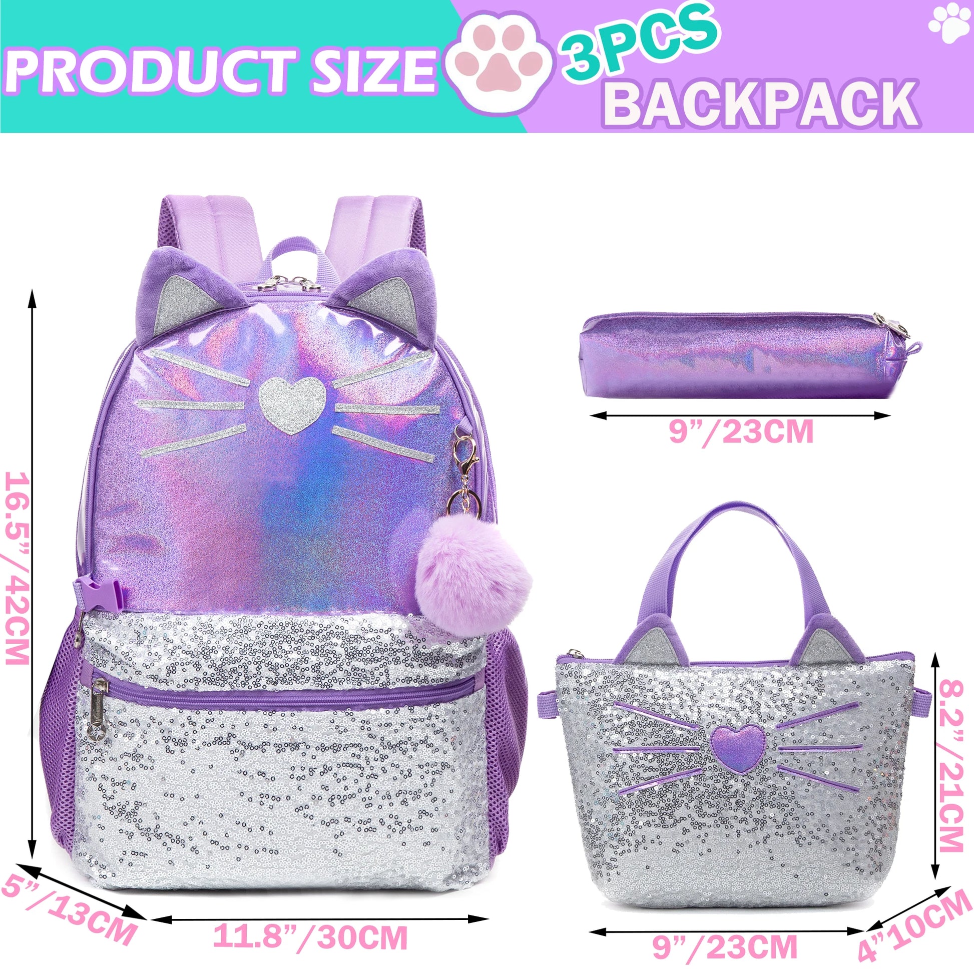 Metallic Glitter Purple Cat School Bag Insulated Lunch Bag Pencil Case