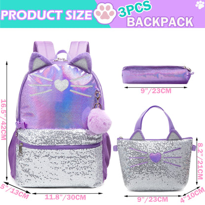 Metallic Glitter Purple Cat School Bag Insulated Lunch Bag Pencil Case