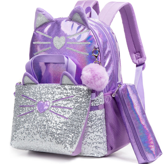 Metallic Glitter Purple Cat School Bag Set