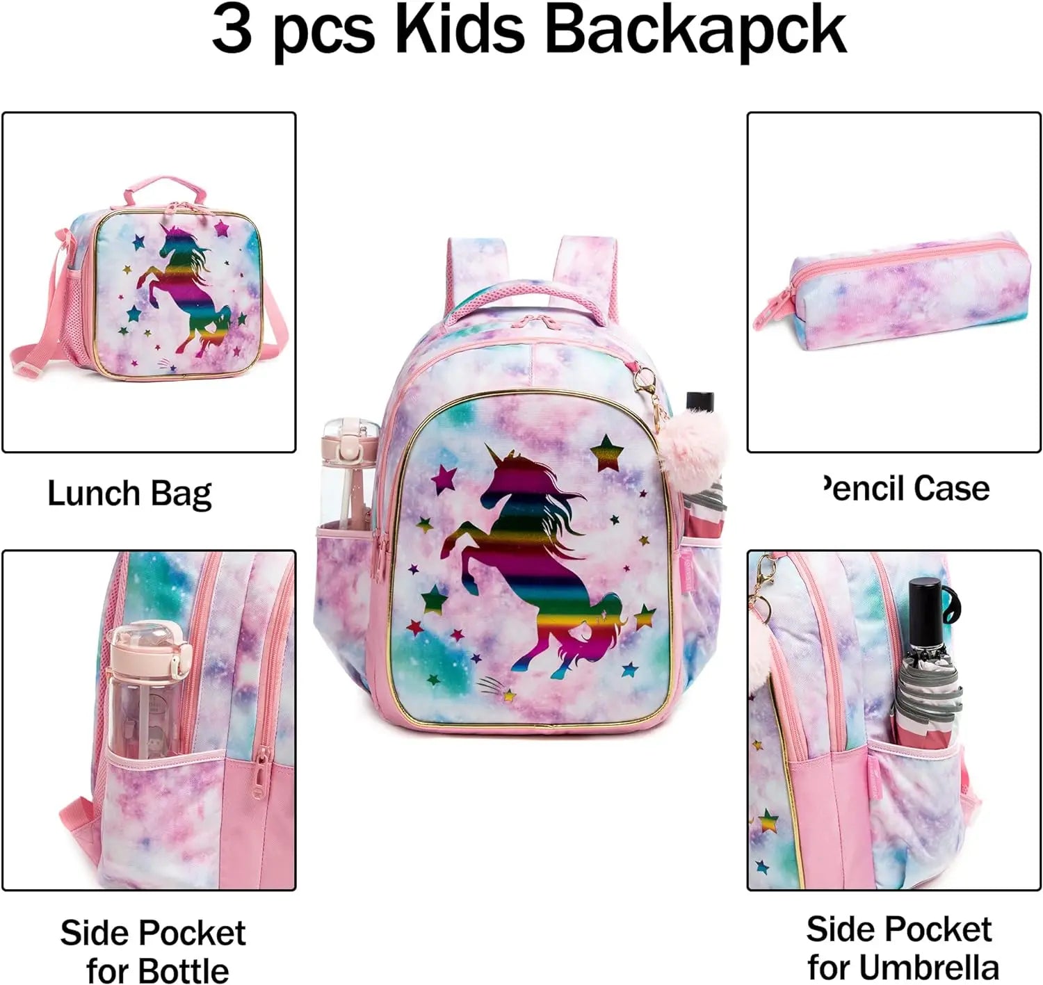 Pastel Ombre Unicorn School Bag Insulated Lunch Bag Pencil Case