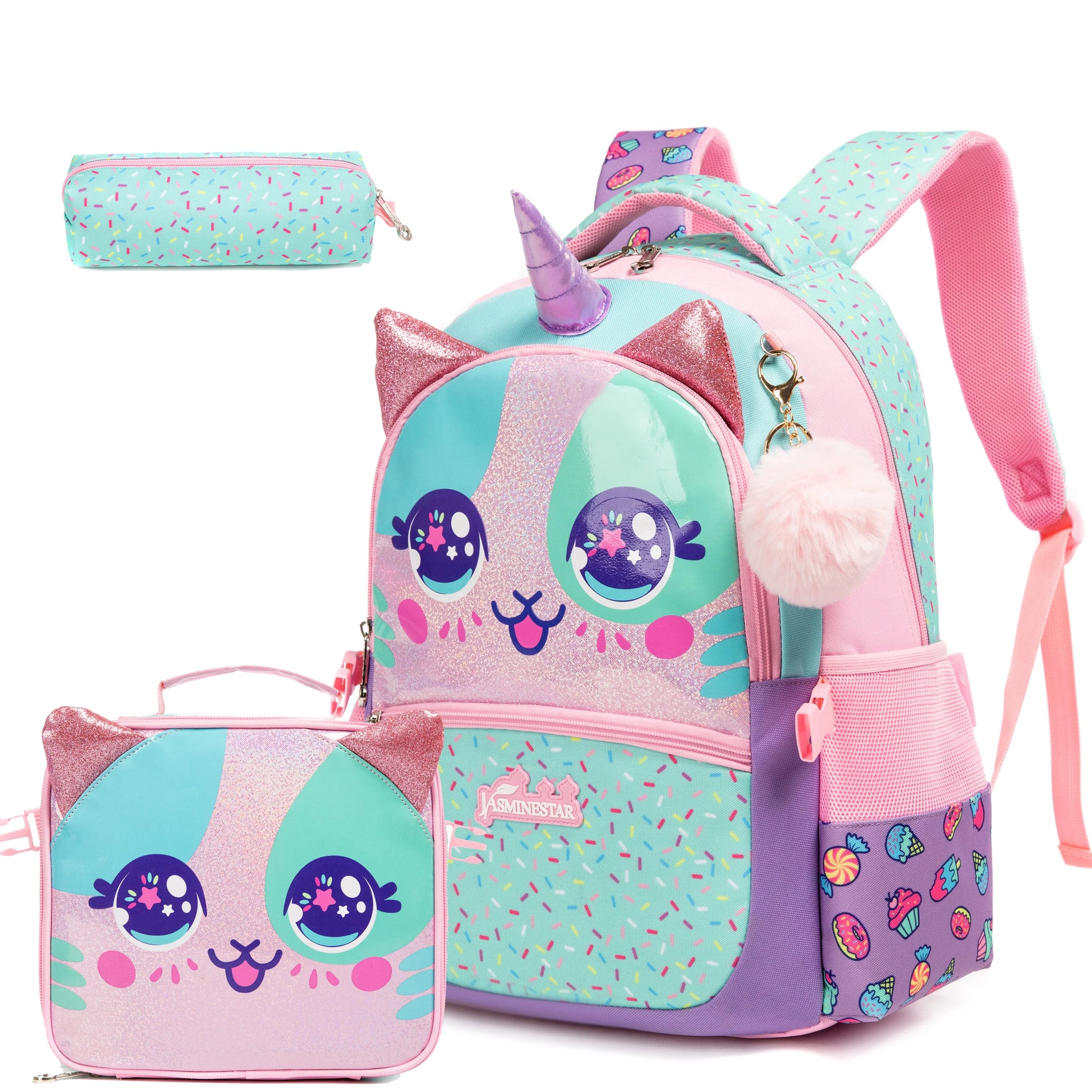 Pink Purple Cat School Bag Insulated Lunch Bag Pencil Case
