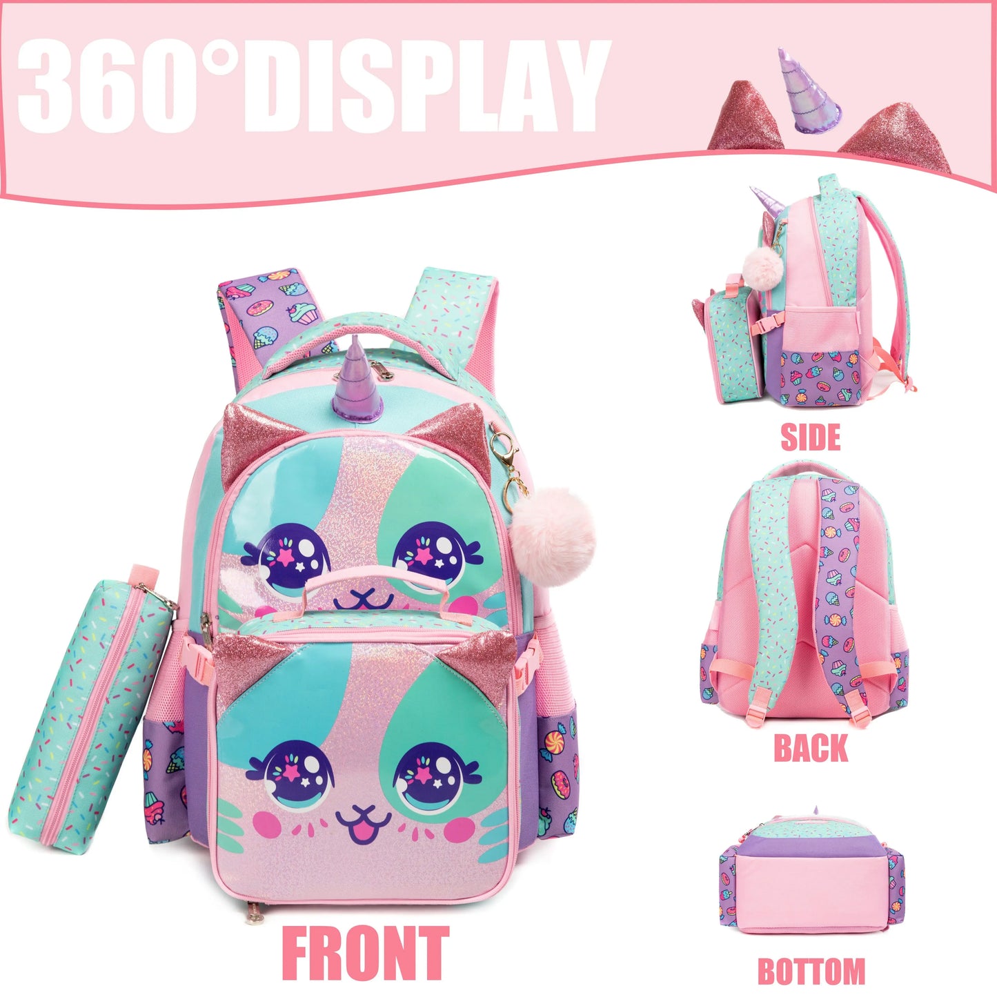 Pink Purple Cat School Bag Set