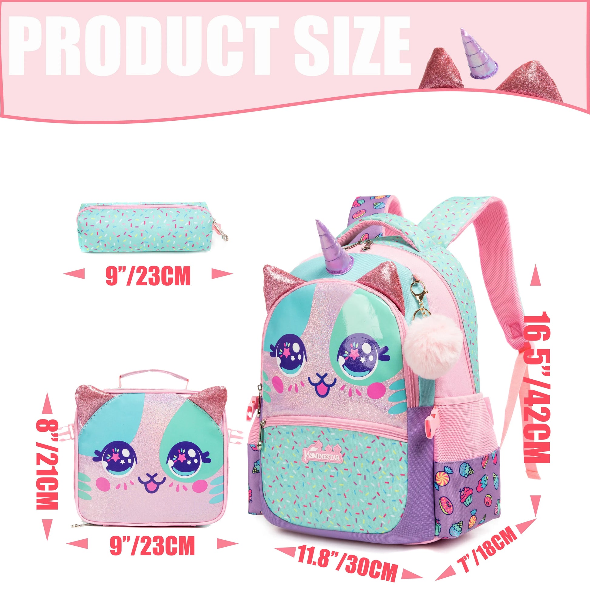 Pink Purple Foil Cat School Bag Insulated Lunch Bag Pencil Case