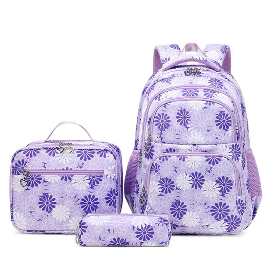 Purple Floral School Bag Set