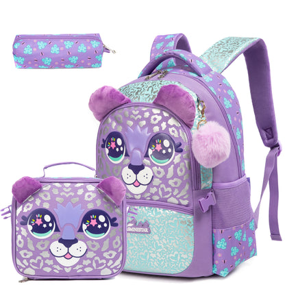 Purple Leopard School Bag Set Insulated Lunch Bag Pencil Case