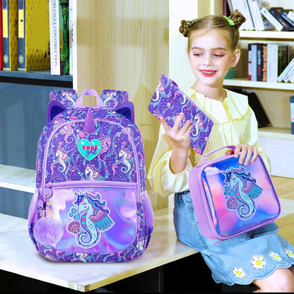 Purple Seahorse School Bag Lunch Box Pencil Case