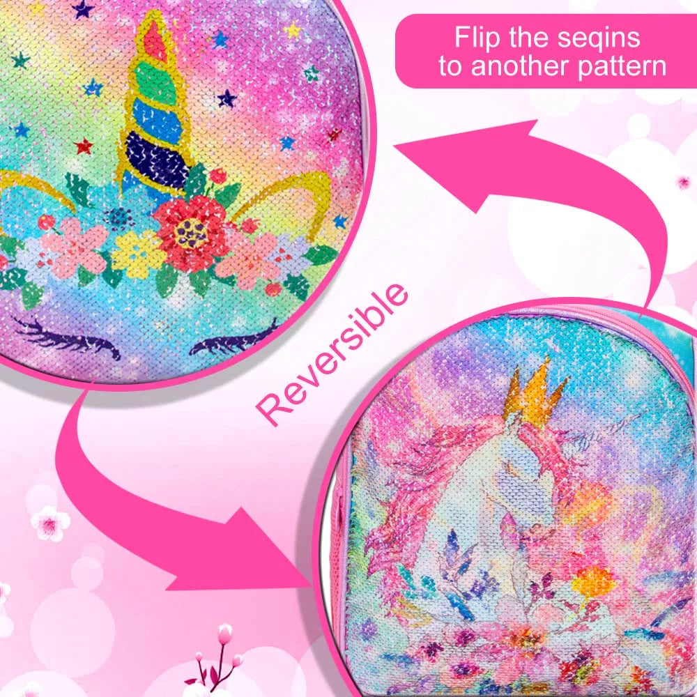 Rainbow Reversible Sequin Unicorn School Bag Set
