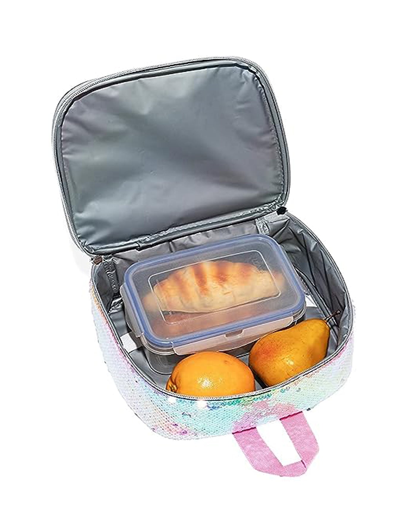 Rainbow Sequin Bow Girls Insulated Lunch Bag Interior