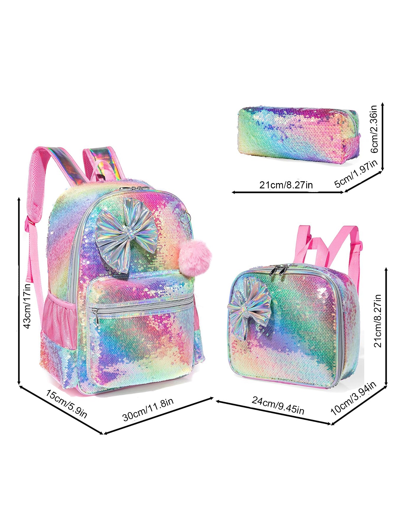 Rainbow Sequin Bow Girls School Bag Insulated Lunch Bag Pencil Case