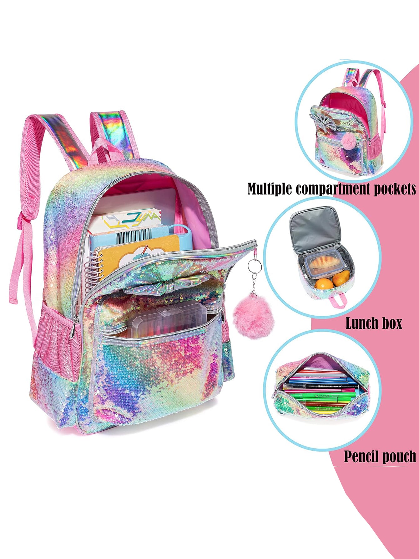 Rainbow Sequin Bow Girls School Bag Insulated Lunch Bag Pencil Case Interior