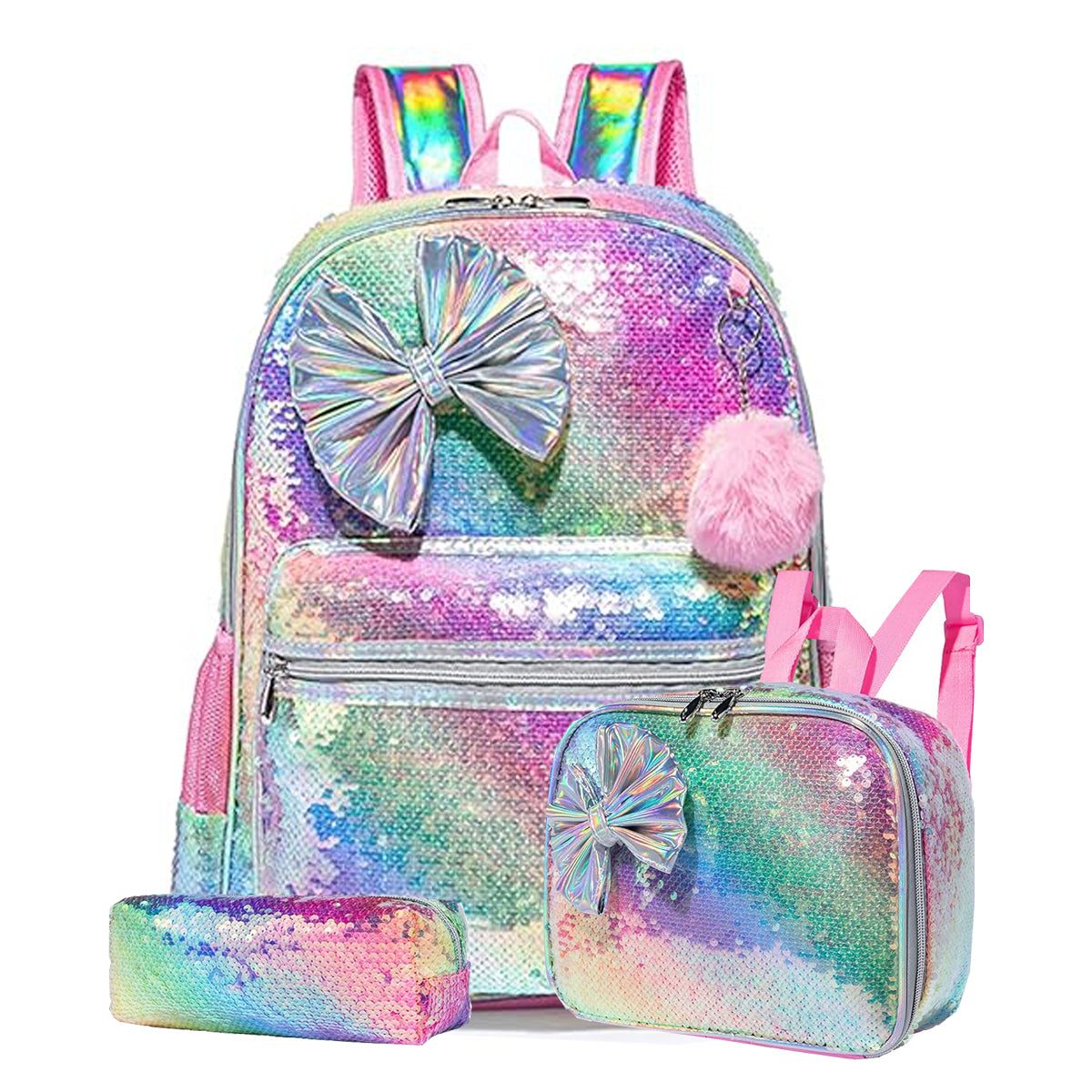 Rainbow Sequin Bow Girls School Bag Set