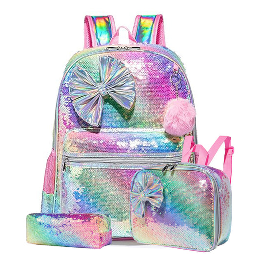Rainbow Sequin Bow Girls School Bag Set