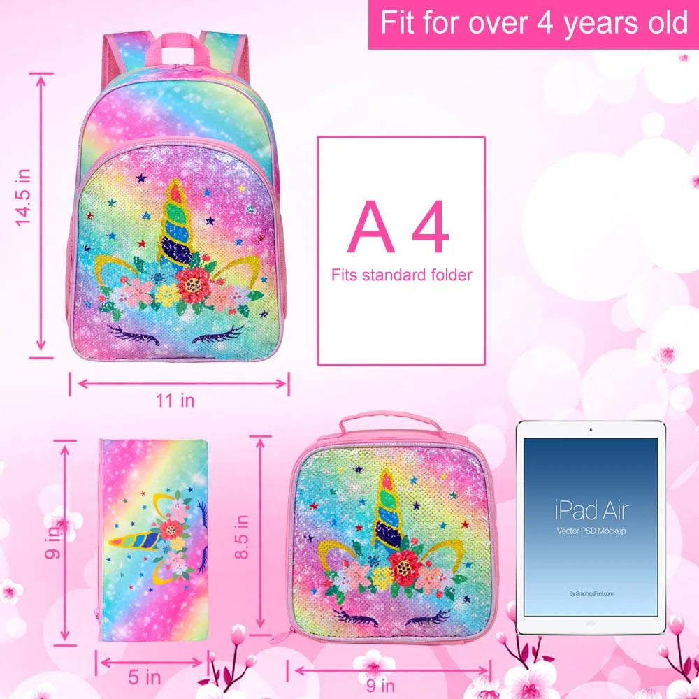 Rainbow Sequin Unicorn School Bag Set