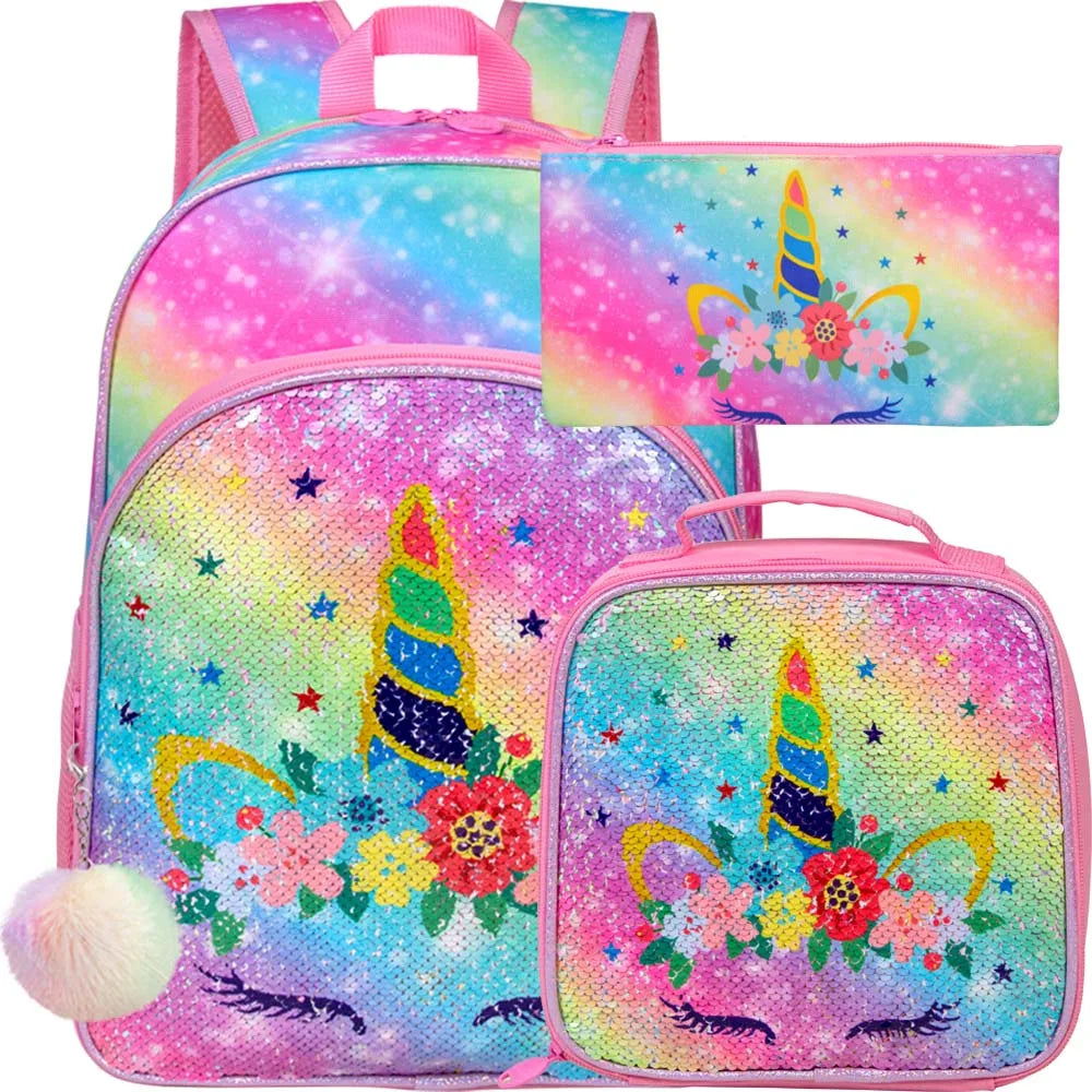 Rainbow Sequin Unicorn School Bag Set