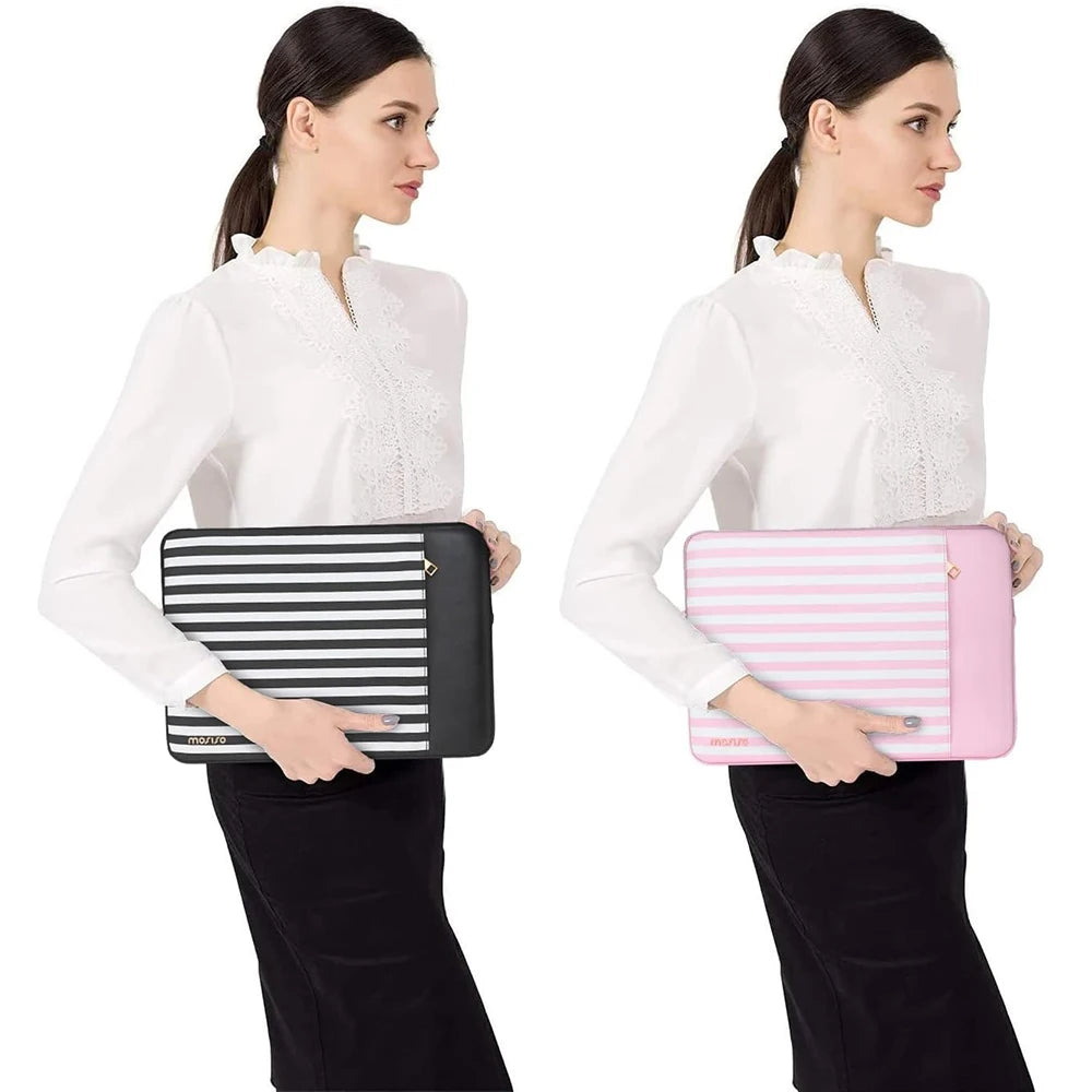 Striped PU Leather Laptop Sleeve with Charger Case - 13.3-14inch