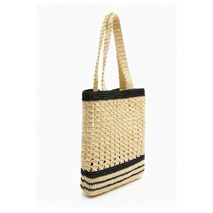 Handmade Woven Knitted Stripe Straw Tote