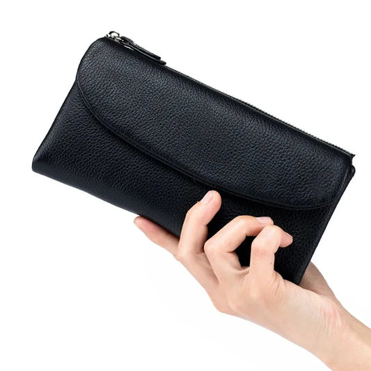 Genuine Leather Ladies Long Clutch Wallet - Black