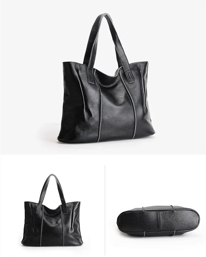 100% Genuine Leather Large Capacity Shoulder Tote Bag - Black