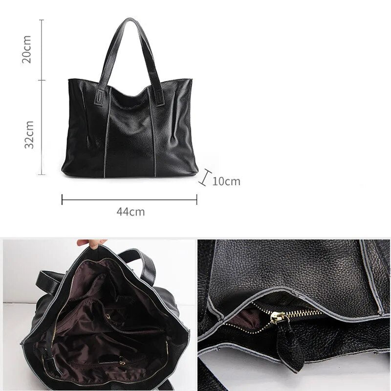 100% Genuine Leather Large Capacity Shoulder Tote Bag - Brown