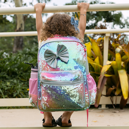 Rainbow Sequin Bow Girls School Bag Set