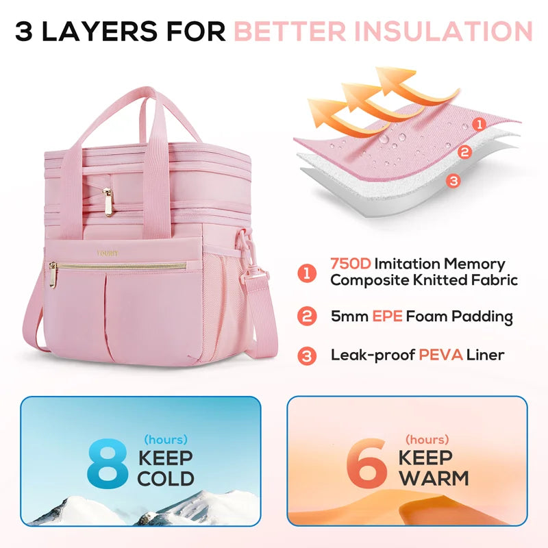 Heavy Duty Pink Insulated Double Deck Lunch Bag