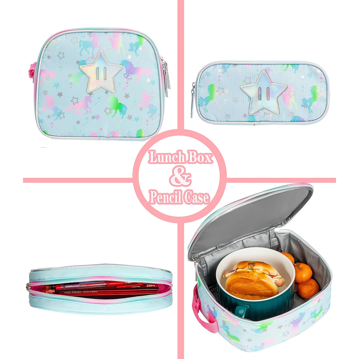 Stars & Unicorns Pastel Foil Insulated Lunch Bag and Pencil Case