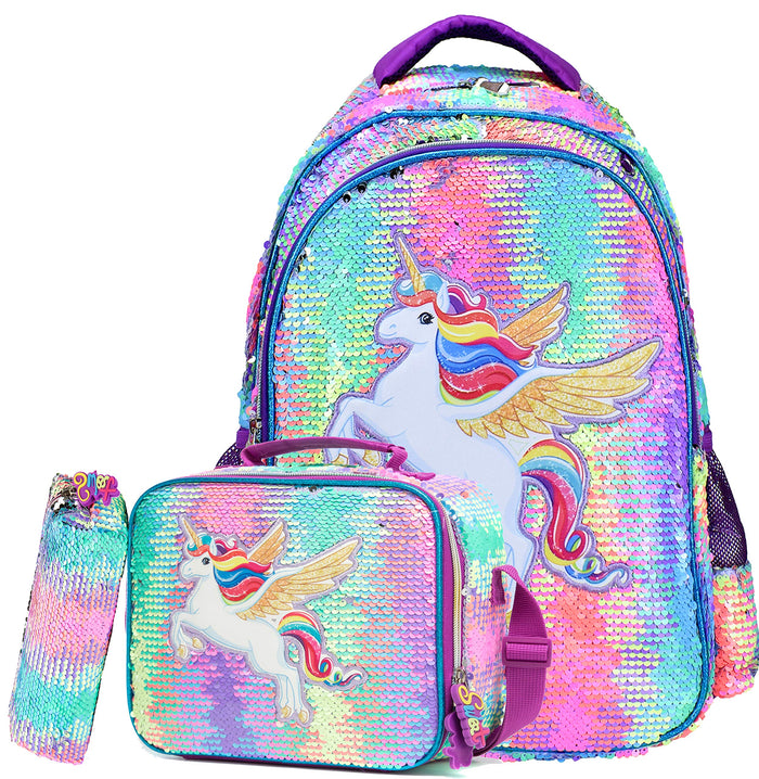 Rainbow Sequin Unicorn School Bag Set – 3 Piece